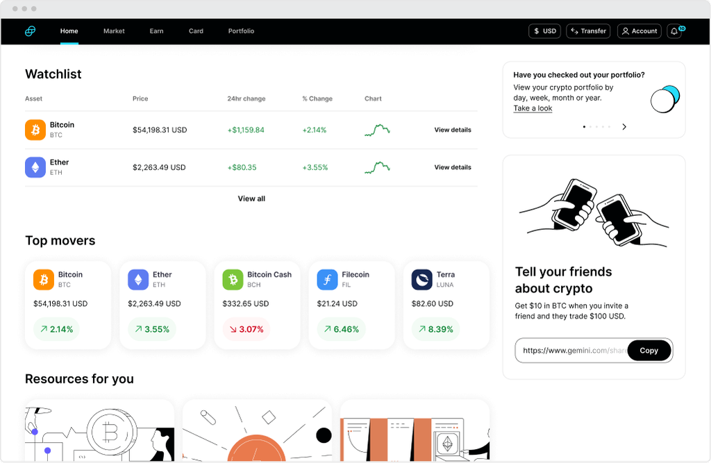 Gemini exchange homepage dashboard